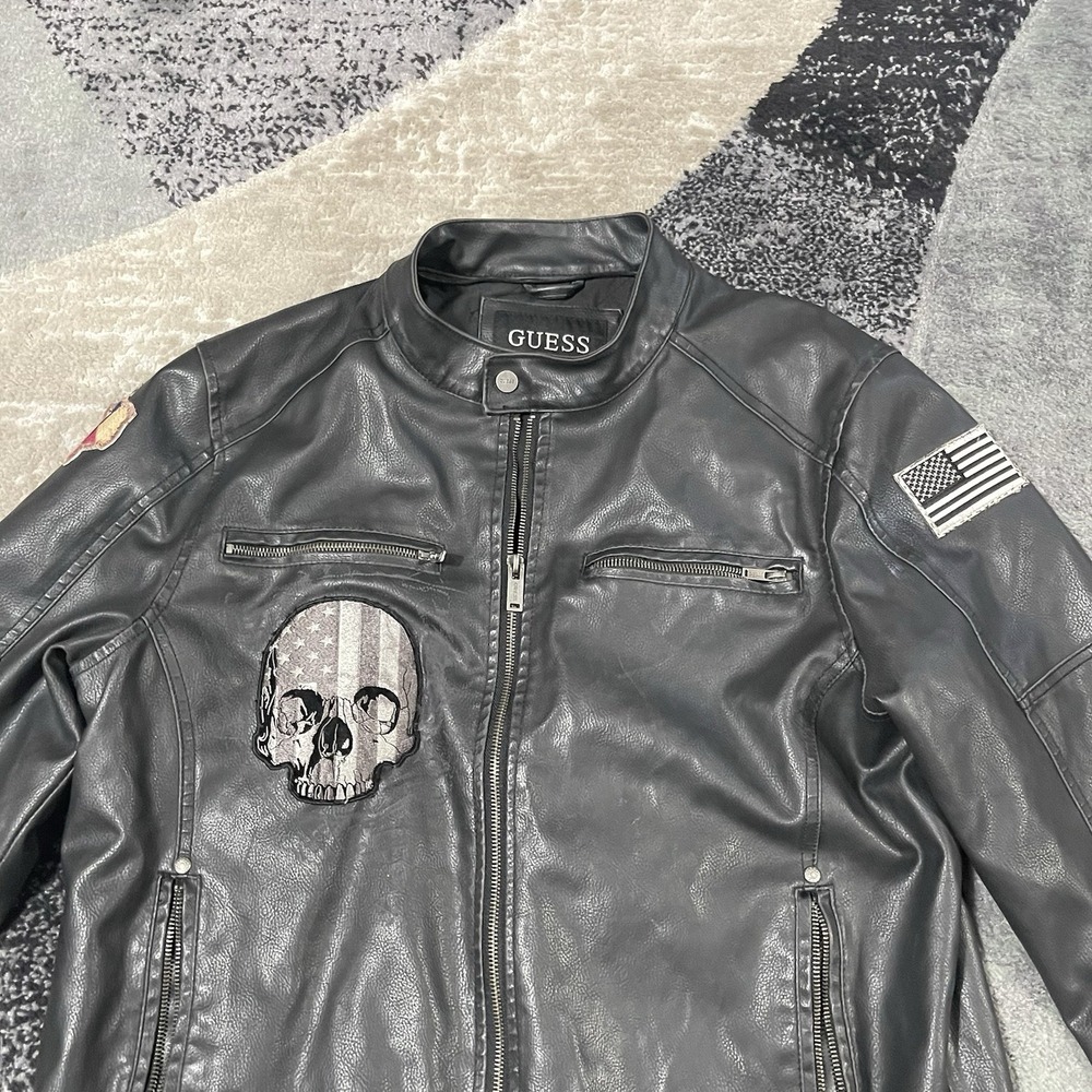 Guess Faux Leather Jacket Men Large Black Biker Skull Racer Zip Up Flag Patches